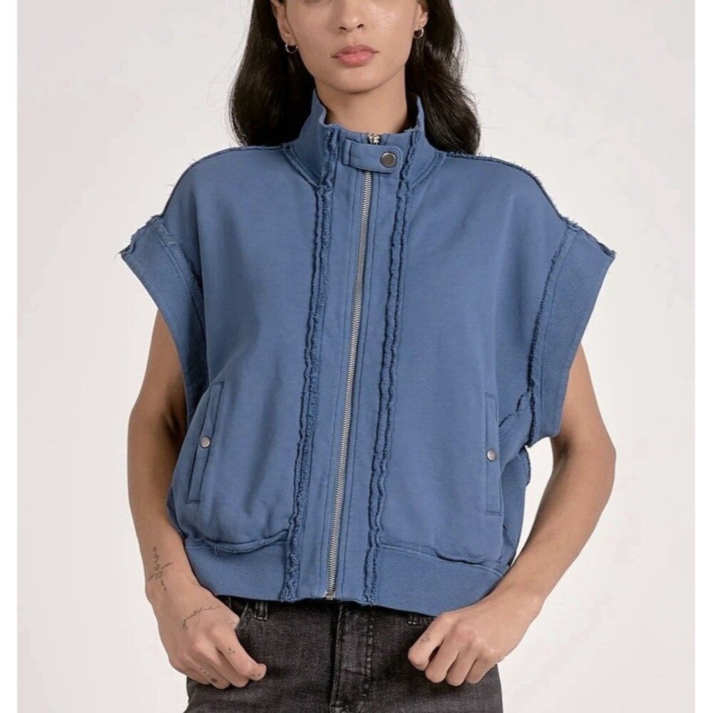 Free People We The Free Tolly Vest Blue Knit Full Zip Boho Distressed Cotton S